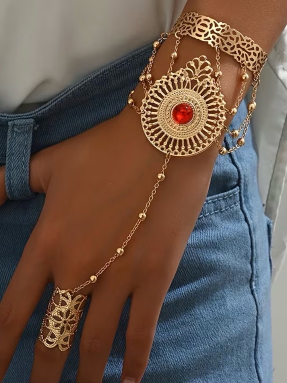 💎 HOST Pick💎 Golden Filigree Hand Chain Bracelet with Red Gem 💎 - Picture 3 of 6